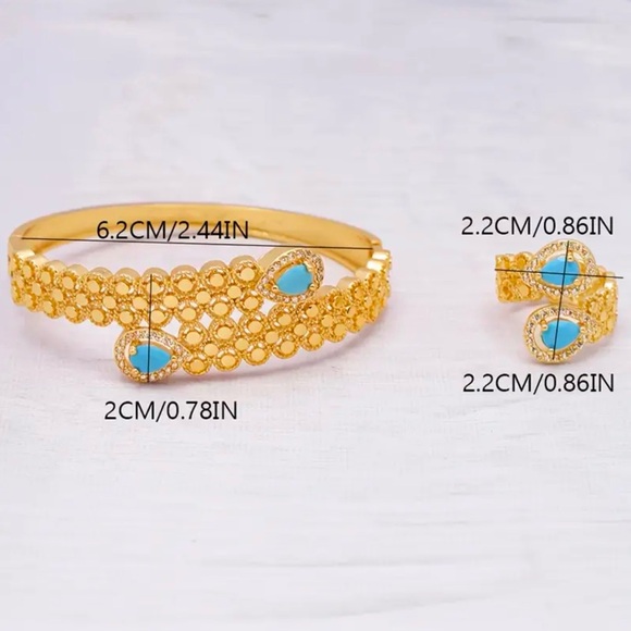 Gold Bracelet & Ring Set Turquoise Teardrop Stones Traditional Statement Jewelry - Picture 4 of 7